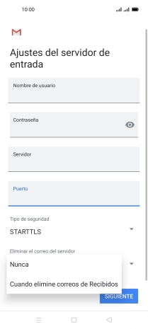 Pulsa Nunca para conservar los correos electrónicos en el servidor cuando los borras del teléfono. Pulsa Nunca para conservar los correos electrónicos en el servidor cuando los borras del teléfono.