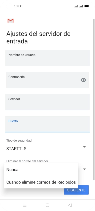 Pulsa Nunca para conservar los correos electrónicos en el servidor cuando los borras del teléfono. Pulsa Nunca para conservar los correos electrónicos en el servidor cuando los borras del teléfono.