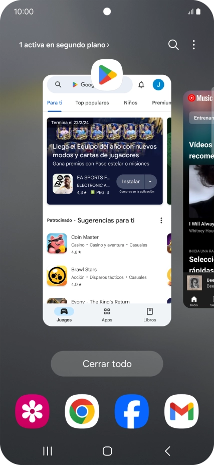 Para cerrar una sola aplicación en ejecución, desliza el dedo hacia arriba sobre la aplicación deseada. Para cerrar una sola aplicación en ejecución, desliza el dedo hacia arriba sobre la aplicación deseada.