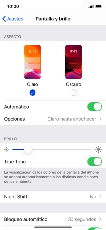 Si activas la función, pulsa Opciones y sigue las indicaciones de la pantalla para seleccionar el período de tiempo que debe durar el Modo Oscuro. Si activas la función, pulsa Opciones y sigue las indicaciones de la pantalla para seleccionar el período de tiempo que debe durar el Modo Oscuro.