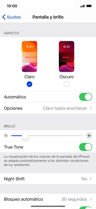 Si activas la función, pulsa Opciones y sigue las indicaciones de la pantalla para seleccionar el período de tiempo que debe durar el Modo Oscuro. Si activas la función, pulsa Opciones y sigue las indicaciones de la pantalla para seleccionar el período de tiempo que debe durar el Modo Oscuro.