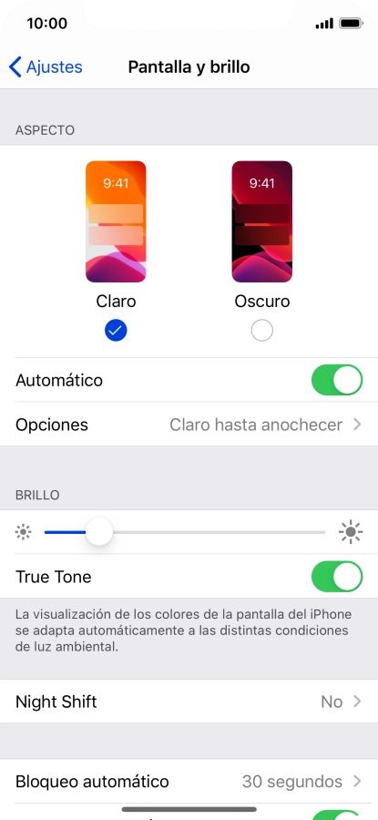 Si activas la función, pulsa Opciones y sigue las indicaciones de la pantalla para seleccionar el período de tiempo que debe durar el Modo Oscuro. Si activas la función, pulsa Opciones y sigue las indicaciones de la pantalla para seleccionar el período de tiempo que debe durar el Modo Oscuro.