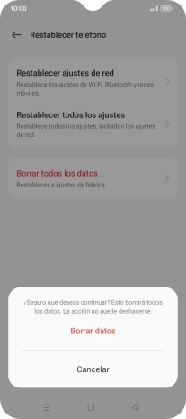Pulsa Borrar datos. Espera unos instantes mientras el teléfono restablece la configuración predeterminada. Sigue las indicaciones de la pantalla para configurar el teléfono y dejarlo listo para su uso.