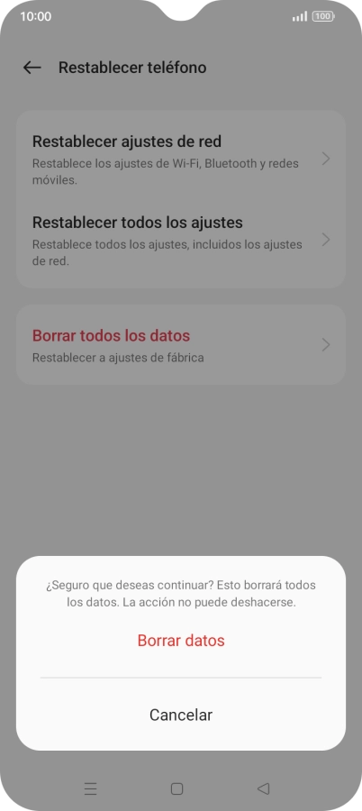 Pulsa Borrar datos. Espera unos instantes mientras el teléfono restablece la configuración predeterminada. Sigue las indicaciones de la pantalla para configurar el teléfono y dejarlo listo para su uso.