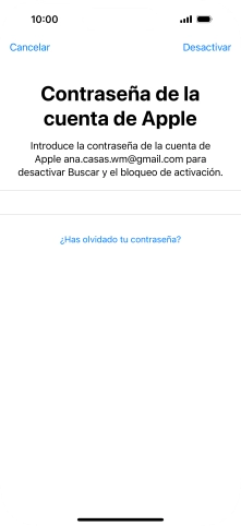 Introduce la contraseña de tu ID de Apple y pulsa Desactivar. Espera unos instantes mientras el teléfono restablece la configuración predeterminada. Sigue las indicaciones de la pantalla para configurar el teléfono y dejarlo listo para su uso.