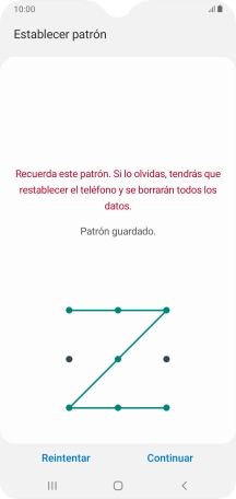 Desliza el dedo por la pantalla para unir por lo menos cuatro puntos y pulsa Continuar.