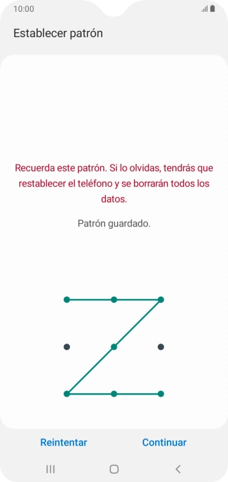 Desliza el dedo por la pantalla para unir por lo menos cuatro puntos y pulsa Continuar.