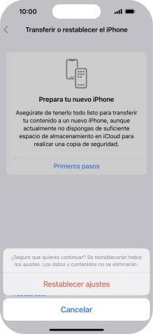 Pulsa Restablecer ajustes. Espera unos instantes mientras el teléfono restablece la configuración predeterminada. Sigue las indicaciones de la pantalla para configurar el teléfono y dejarlo listo para su uso.