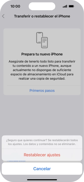 Pulsa Restablecer ajustes. Espera unos instantes mientras el teléfono restablece la configuración predeterminada. Sigue las indicaciones de la pantalla para configurar el teléfono y dejarlo listo para su uso.
