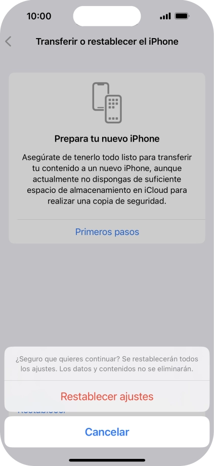 Pulsa Restablecer ajustes. Espera unos instantes mientras el teléfono restablece la configuración predeterminada. Sigue las indicaciones de la pantalla para configurar el teléfono y dejarlo listo para su uso.