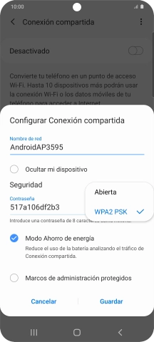 Pulsa WPA2 PSK para proteger la conexión wifi con una contraseña.