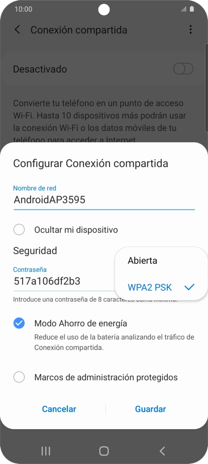 Pulsa WPA2 PSK para proteger la conexión wifi con una contraseña.