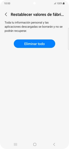 Pulsa Eliminar todo. Espera unos instantes mientras el teléfono restablece la configuración predeterminada. Sigue las indicaciones de la pantalla para configurar el teléfono y dejarlo listo para su uso.