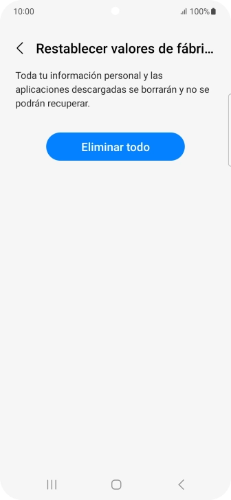 Pulsa Eliminar todo. Espera unos instantes mientras el teléfono restablece la configuración predeterminada. Sigue las indicaciones de la pantalla para configurar el teléfono y dejarlo listo para su uso.