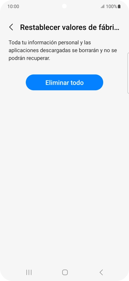 Pulsa Eliminar todo. Espera unos instantes mientras el teléfono restablece la configuración predeterminada. Sigue las indicaciones de la pantalla para configurar el teléfono y dejarlo listo para su uso.