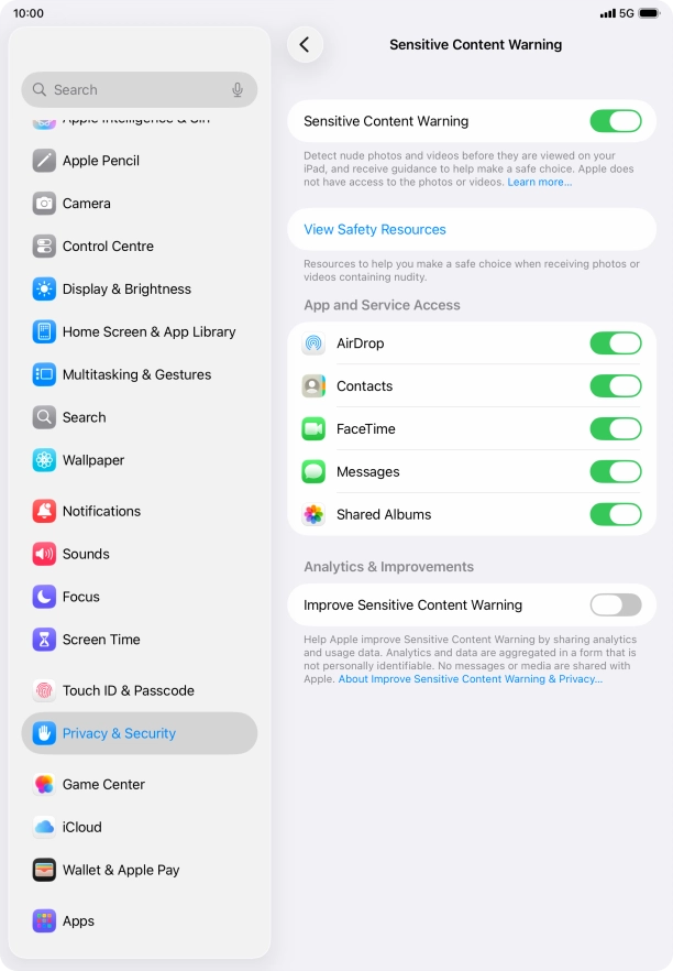 Press the indicators next to the required applications to turn the function on or off.