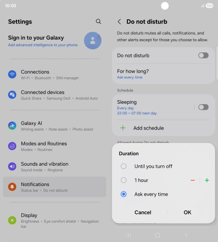 Press the required setting.