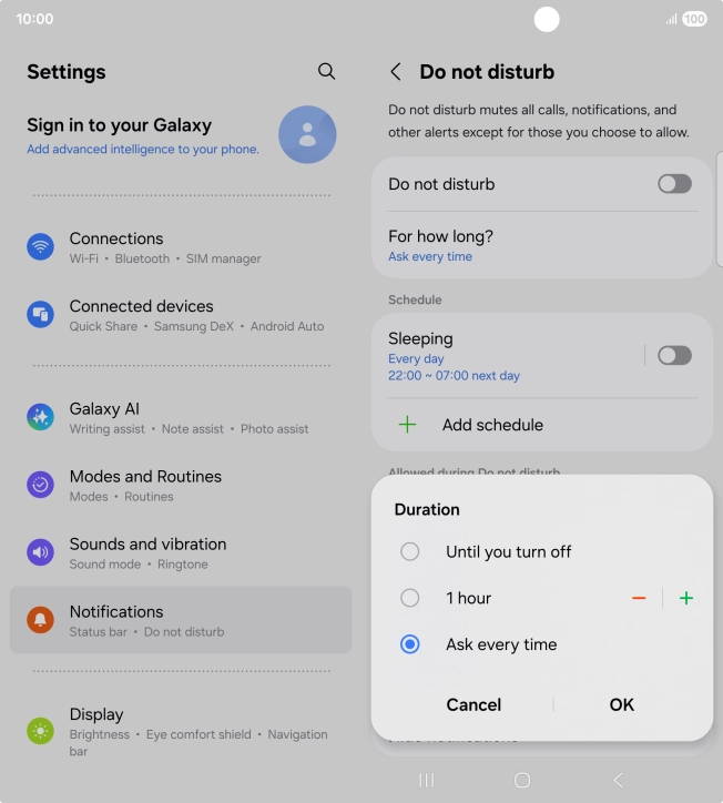 Press the required setting.