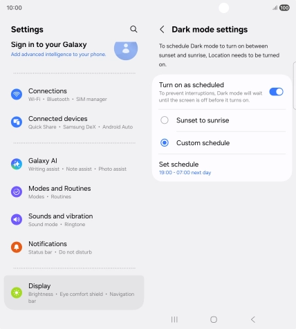 Press the required setting.