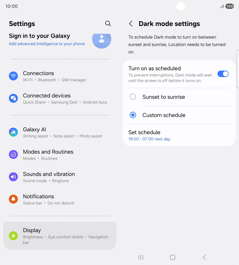 Press the required setting.
