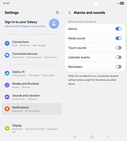 Press the required settings to turn sound and vibration for the selected functions on or off.