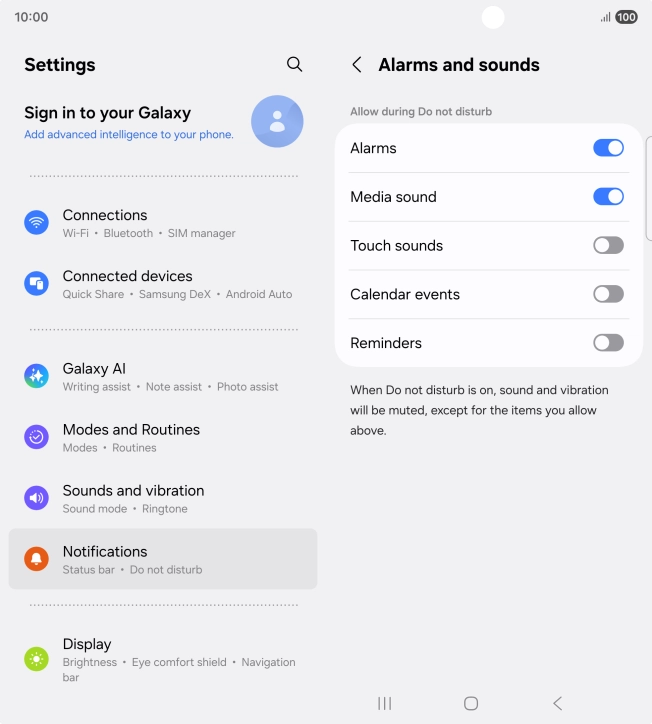 Press the required settings to turn sound and vibration for the selected functions on or off.