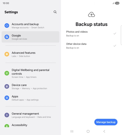 Press Manage backup.