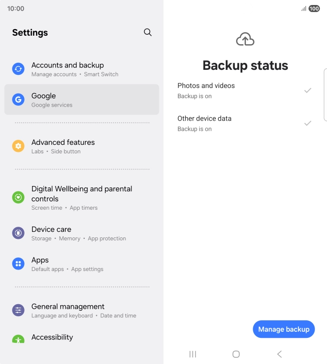 Press Manage backup.