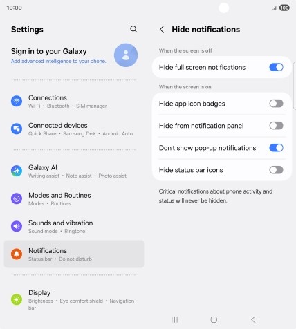 Press the indicators next to the required settings to turn display of the selected notification types on or off.