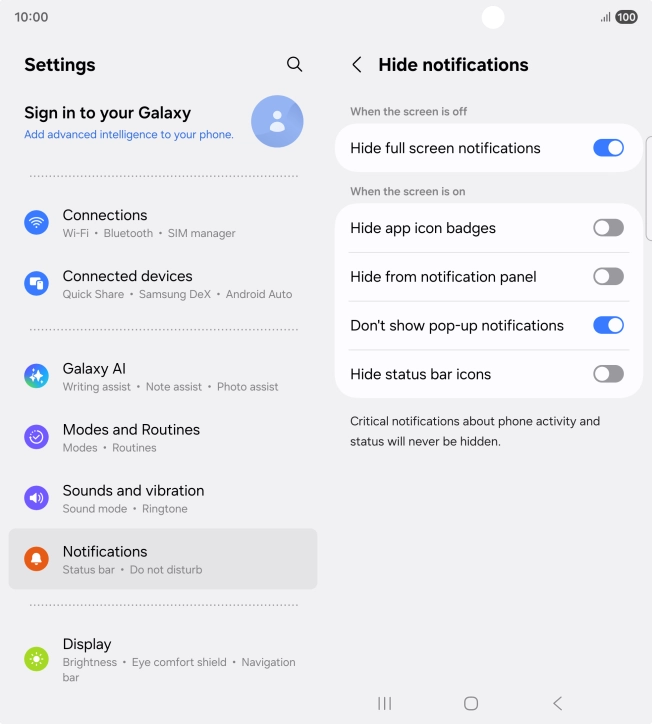 Press the indicators next to the required settings to turn display of the selected notification types on or off.