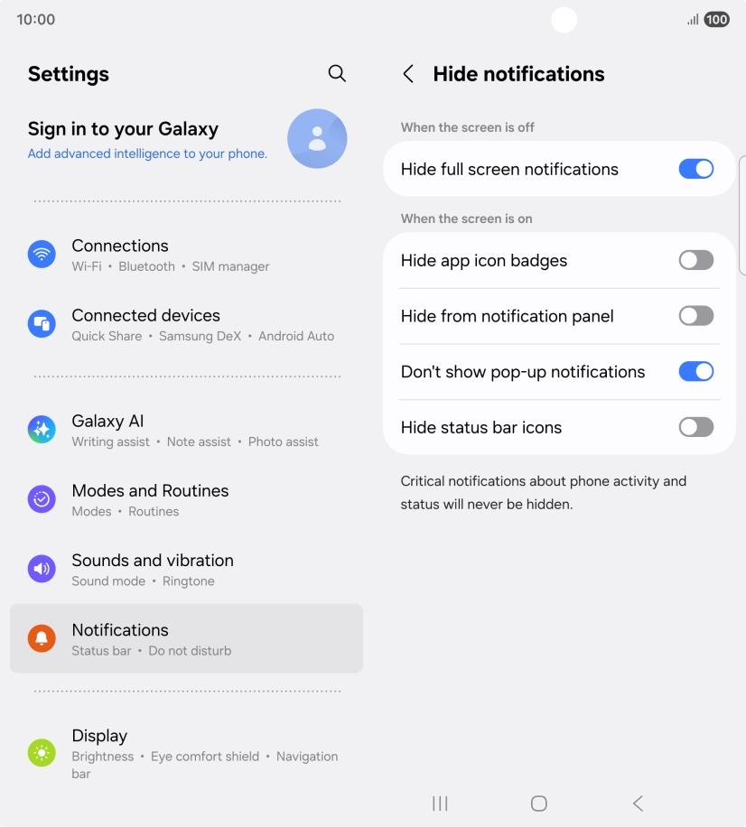 Press the indicators next to the required settings to turn display of the selected notification types on or off.