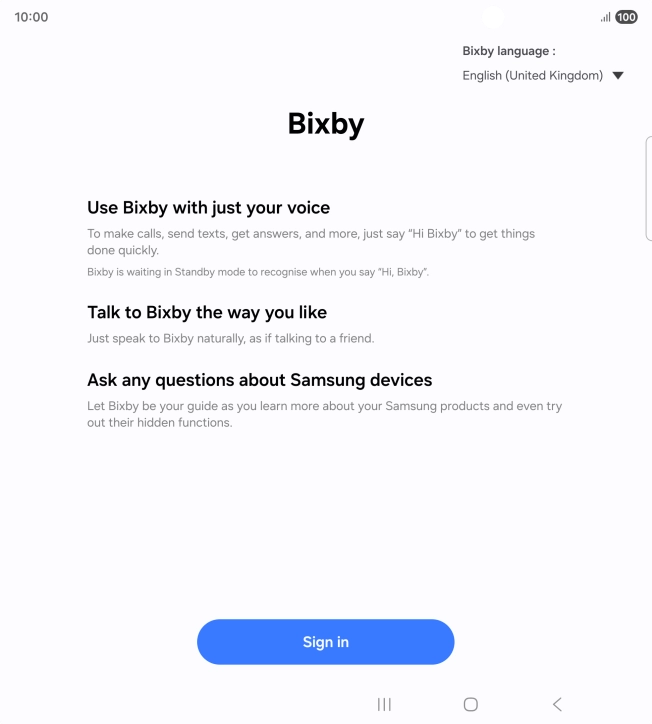 Press Sign in and follow the instructions on the screen to log on to your Samsung account.