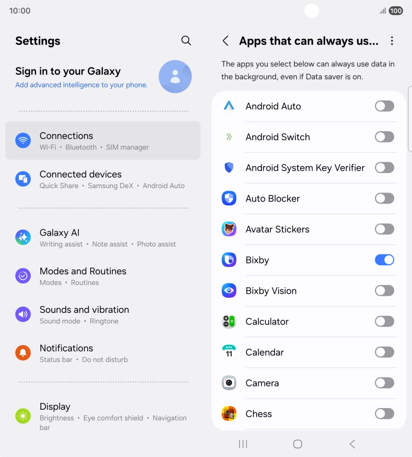 Press the indicators next to the required apps to turn the function on or off.