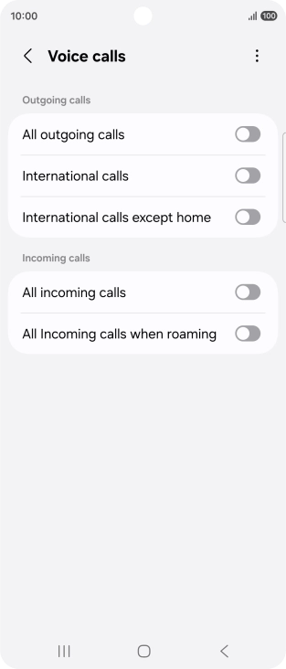 Press the indicator next to the required barring type to turn the function on or off. Press the indicator next to the required barring type to turn the function on or off.