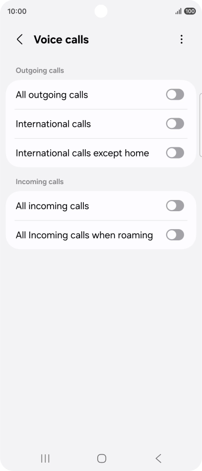 Press the indicator next to the required barring type to turn the function on or off. Press the indicator next to the required barring type to turn the function on or off.