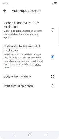 To turn on automatic update of apps using mobile network, press Update all apps over Wi-Fi or mobile data.