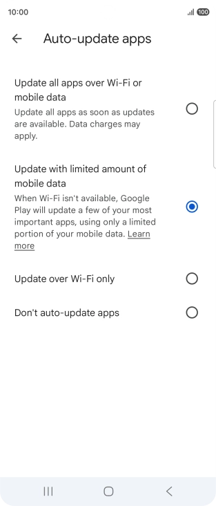 To turn on automatic update of apps using mobile network, press Update all apps over Wi-Fi or mobile data.