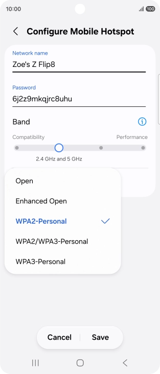 Press WPA3-Personal to password protect your Wi-Fi hotspot.