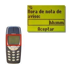 La pantalla muestra ahora Hora de nota de aviso: Introduzca la hora a la que tiene sonar la alama y pulse Aceptar