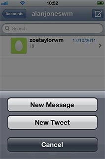 Press New Message.Key in the first letters of the required Twitter contact.Matching Twitter contacts are displayed.