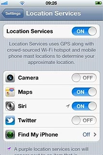 Press the indicator next to the required application to turn GPS application usage for the required applications on or off.