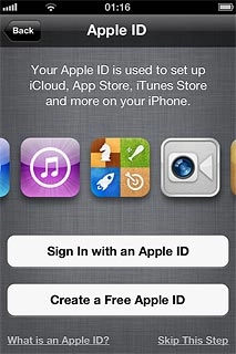 To activate your phone using a new Apple ID:Press Create a Free Apple ID.