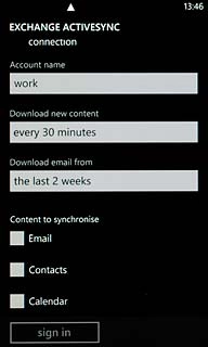 Press Email, Contacts and Calendar to turn synchronisation of each data type on or off.