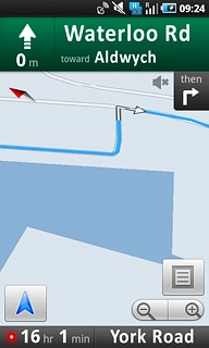 The navigation window with information about your route is displayed.The next turn and the next route detail are displayed at the top of the display.