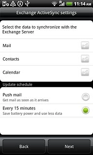 Press Mail, Contacts and Calendar to turn synchronisation on or off.