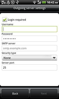 Press Login required to turn SMTP authentication on or off.If you turn on SMTP authentication:Follow the instructions on the display to key in the username and password for your email account.Please note that if you're using Vodafone's outgoing server, turn off SMTP authentication and leave the username and password fields empty.