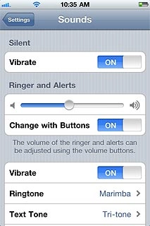 To turn vibration on or off when silent mode is turned off:Press the indicator next to Vibrate below Ringer and Alerts.Depending on the current setting, the function is turned on or off.