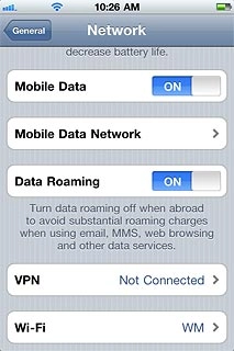 Press the indicator next to Data Roaming.Depending on the current setting, the function is turned on or off.