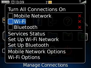 Scroll to Wi-Fi and press the Navigation key to turn on Wi-Fi.