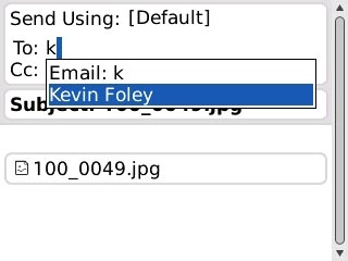 An email message containing the picture or video clip is created.Key in the first letters of the required contact.Matching contacts are displayed.Highlight the required contact and press the Navigation key.